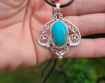 Handcrafted sterling silver filigree turquoise pendant