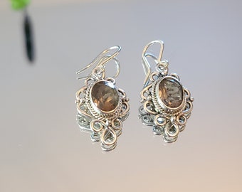 Beautiful lacey sterling silver smoky quartz earrings