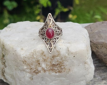 Sterling silver boho style ring with red ruby cabochon
