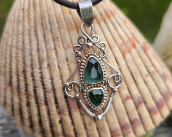 Teal green two stone Victorian style sterling silver pendant.
