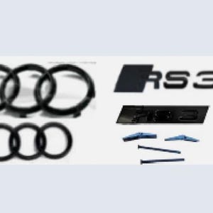 Gloss All Black Audi 273mm Front Rings  192mm Rear Rings  RS3 Rear Emblem  RS3 Grille Emblem  complete blackout set for Audi RS3 emblem logo