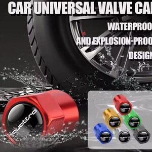 Puede incluir: Tapa de válvula universal roja para coche con la palabra "quattro" en la tapa. La imagen también muestra un neumático y otras tapas de válvula de colores. El texto de la imagen dice "WATERPROOF AND EXPLOSION-PROOF DESIGN".
