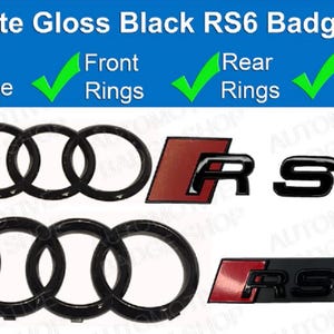 Gloss All Black Audi 285mm Front Rings  203mm Rear Rings  RS6 Rear Emblem  RS6 Grille Emblem  complete blackout set for Audi RS6 emblem logo