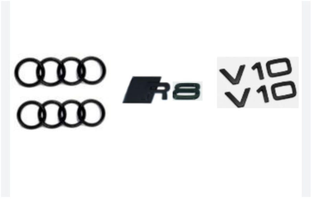 Gloss All Black Audi 175mm Front Rings 192mm Rear Rings R8 Rear Emblem ...