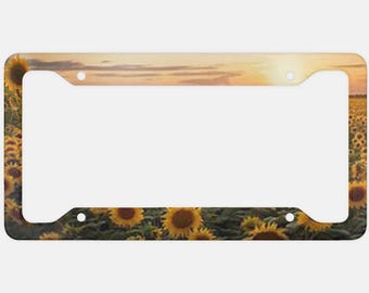 Nummerplaatframe met zonnebloemen, Zonnebloemveld, Nummerplaatframe, Bloemennummerplaatframe, Zonnebloemen bij zonsopgang
