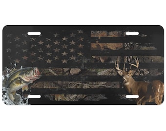 Fishing And Hunting License Plate, Mossy Oak Background