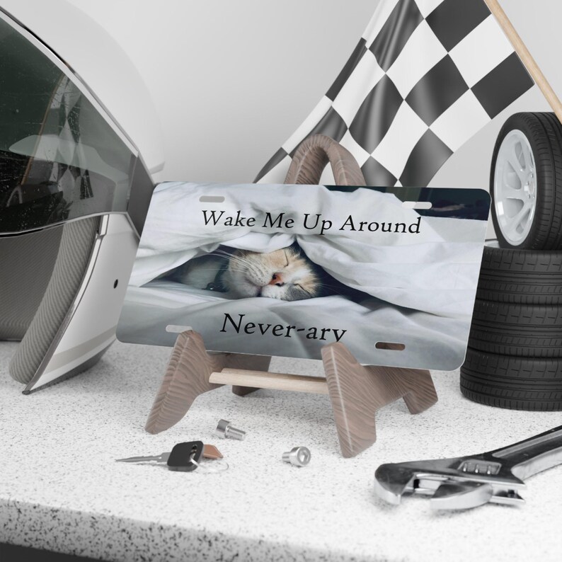 Sleepy Cat Vanity Plate - 'Wake Me Up Around Never-ary', Whimsical License Plate image 2