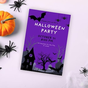 Halloween Party Invitation | Spooky Graveyard Editable Template | Black Purple Canva Invite | Bats and Haunted Vibes | Digital Download PDF