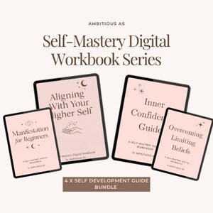 Può includere: Un pacchetto di quattro quaderni di lavoro digitali per l'auto-miglioramento. I quaderni, visualizzati su tablet, includono titoli come "Aligning With Your Higher Self" e "Inner Confidence Guide". L'immagine presenta il testo "Self-Mastery Digital Workbook Series".