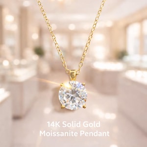 Colgante solitario de oro macizo de 14 quilates con moissanita / Collar de oro / D, VVS1, talla redonda