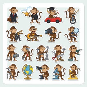 Puede incluir: Una hoja de pegatinas coloridas con monos de dibujos animados en varias profesiones y actividades. Los monos están representados con herramientas, instrumentos musicales y otros accesorios, incluyendo un maletín, una guitarra, una cámara y un microscopio. Las pegatinas están delineadas en negro.