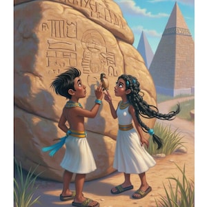 May include: Illustration of two children in ancient Egyptian attire, admiring a small bird. They stand before a large rock with hieroglyphs, pyramids in the background, under a bright sun. The children wear white skirts and sandals.