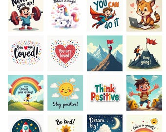 Set mit 80 inspirierenden Kinderaufklebern | Motivierendes Aufkleber-Bundle | Positive Affirmationen für Kinder | Druckbare PDF Aufkleber für Kinder