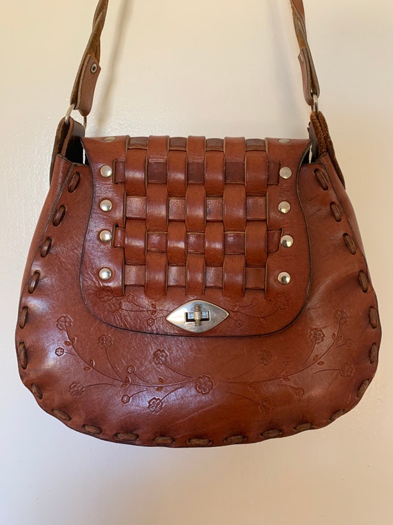 1970s Vintage Brown Leather Tooled Bag
