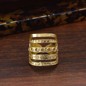 Brass Tribal Adjustable Ring, Handmade Gold Brass Ring, Wide Ring, Boho Statement Ring, 5 Lines Ring, Engraved Ring, Ethnic Ring