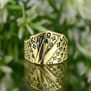 Gold Poker Ring For Men, Playing Cards Ring With Aces And Royal Flush, Casino Jewelry, Lucky Gambler Ring, Vegas Style Band