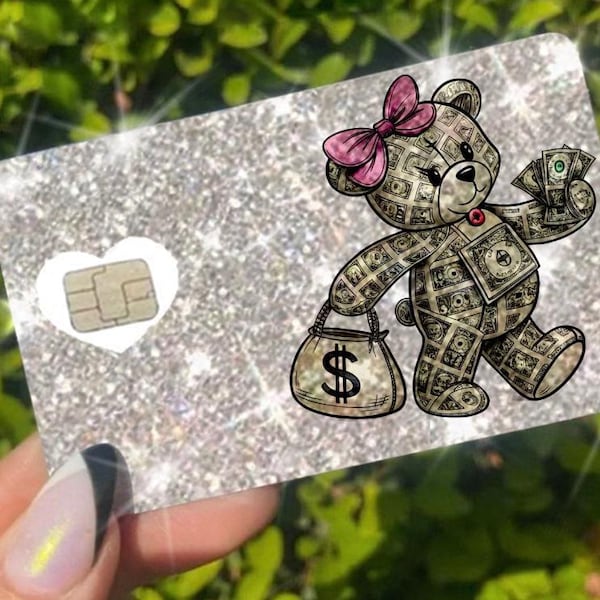 Ultra Bling Glitter Credit Card Skin, Reflective Decal Debit Credit Card Skin Luxury Reflective Ice Back Information Teddy Exotix