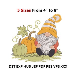 May include: An embroidered design featuring a gnome with a long white beard, wearing a yellow and white hat, sitting near pumpkins. The design is available in 5 sizes, from 4" to 8".
