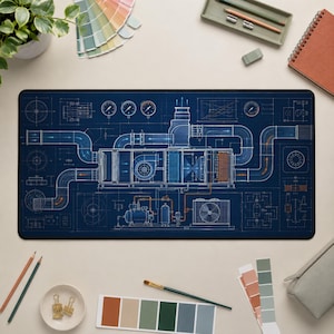 Peut inclure: Un tapis de bureau rectangulaire présentant un plan technique détaillé d'un système CVC sur un fond bleu foncé. Le design comprend des dessins au trait blancs de tuyaux, de jauges et de composants mécaniques avec des flèches directionnelles.
