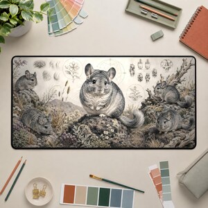 May include: A rectangular desk mat featuring a detailed illustration of multiple grey chinchillas in a natural rocky landscape, surrounded by botanical sketches and geometric line art, with a black border framing the entire scene.