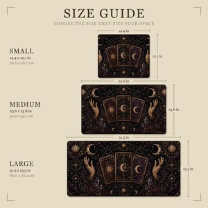 Size chart with measurements for Tarot Desk Mat
