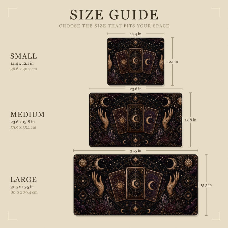 Size chart with measurements for Tarot Desk Mat