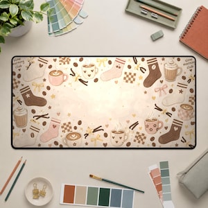 May include: A rectangular desk mat featuring a cream-colored background with a repeating pattern of coffee mugs, socks, vanilla beans, and small bows. The text "slow morning club" appears in the top left and top right corners in a brown font.