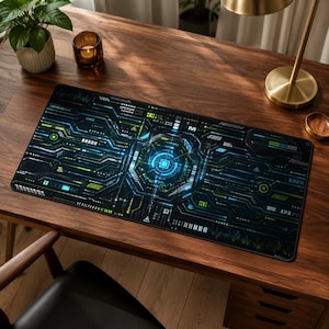 May include: A rectangular desk mat featuring a dark, high-tech digital circuit board pattern in shades of black, blue, and neon green. The design includes intricate lines, geometric shapes, and a central glowing circular interface element.