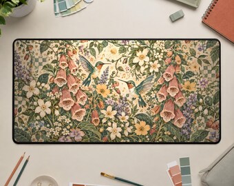 Tappetino da scrivania con colibrì, tappetino per mouse in stile Lofi Cottagecore, decorazione per ufficio verde botanico