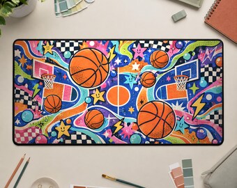 Tappetino da scrivania a tema basket, tappetino per mouse a tema Y2K, decorazione colorata per la stanza a tema sportivo.