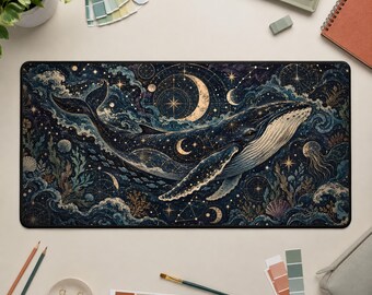Tappetino da scrivania a forma di balena, tappetino per mouse in stile Dark Academia, decorazione per ufficio a tema oceano celeste