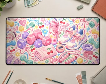 Tappetino per scrivania da palestra, tappetino per mouse fitness in stile kawaii, decorazione per ufficio per allenamento dai colori pastello