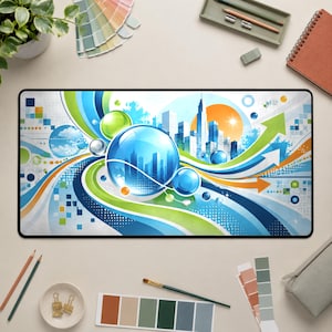 Puede incluir: Una alfombrilla de escritorio rectangular con un diseño abstracto vibrante con ondas giratorias azules, verdes y naranjas, patrones de píxeles geométricos y grandes esferas brillantes que contienen siluetas de ciudades, acentuadas por flechas.