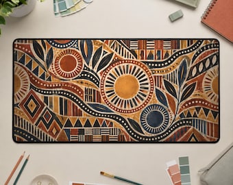 Tappetino da scrivania con motivi artistici africani, tappetino per mouse in tessuto geometrico, decorazione per ufficio dai toni caldi della terra.