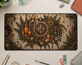 Tappetino da scrivania steampunk, tappetino per mouse botanico in ottone, arredamento per ufficio dark academia
