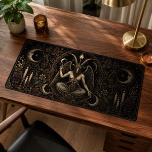 Baphomet skrivbordsmatta, ockult gotisk förlängd musmatta, mörk gravyr skrivbordsmatta