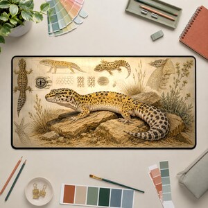 Op de afbeelding: Een rechthoekige bureaumat met een gedetailleerde illustratie van een luipaardgekko op rotsen. Het ontwerp bevat wetenschappelijke schetsen van de hagedis, het oog, de huidstructuur en inheemse planten in tinten van geel, bruin en beige.