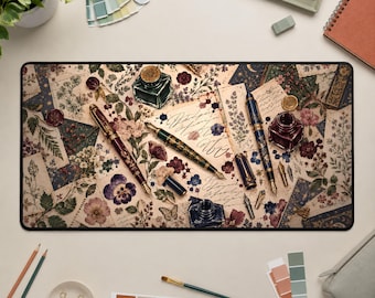 Tappetino da scrivania con penna stilografica, tappetino per mouse con boccetta d'inchiostro, decorazioni da scrivania in stile cottagecore.