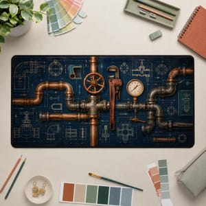 May include: A rectangular desk mat featuring a dark blue blueprint background with white technical line drawings of plumbing components, overlaid with realistic copper and steel pipes, a metal valve wheel, a pipe wrench, and a pressure gauge.