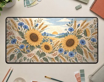 Tappetino da scrivania Ucraina, tappetino per mouse con girasoli, decorazione da scrivania in stile cottagecore blu e giallo