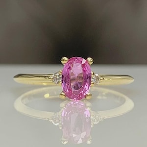 Anillos de oro amarillo macizo de 14 quilates con gemas de zafiro rosa de 12 x 10 mm, piedra natal de septiembre. Regalo ideal para ella o para el Día de la Madre.