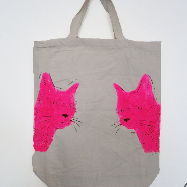 Hand stenciled tote bag - Cats print in Neon Pink and Black