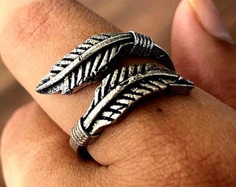 925 Sterling Silver Feather Ring: Adjustable Bohemian Wrap Ring