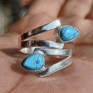Handmade-925 Sterling-Silver Turquoise-Wrap Ring | Adjustable-Boho Gemstone-Ring | Minimalist Blue-Stone Statement-Ring | Gift for Her