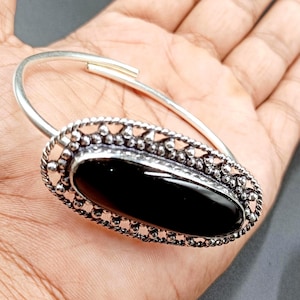 Zwarte onyx-sterlingzilveren manchetarmband | Verstelbare boho-edelsteenarmband | Statement onyx-sieraden | Cadeau voor haar