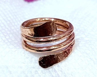 Handmade Adjustable-Copper Wrap Ring – Rustic Hammered Open Band – Boho Statement Ring – Unisex Healing Jewelry