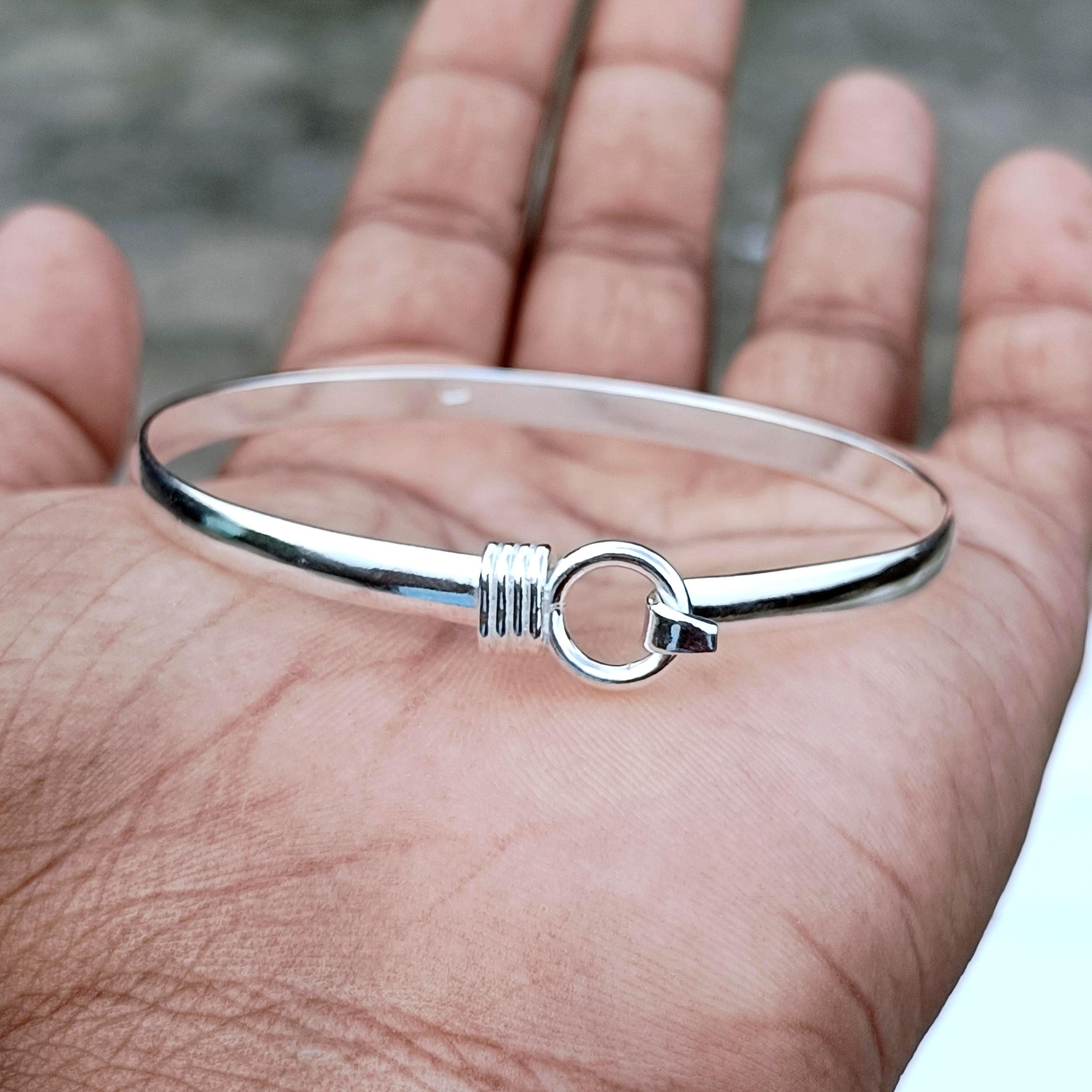 Handmade 925-sterling Silver-hook Clasp-circle Bangle-bracelet
