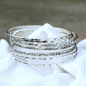 Set of 7-Hammered &-Floral Design, Handmade 925-Sterling Silver-Bangles, Oxidized Boho-Bracelets