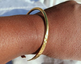 Handmade Hammered Brass Open Bangle | Minimalist Gold Tone Cuff Bracelet | Artisan Boho Jewelry