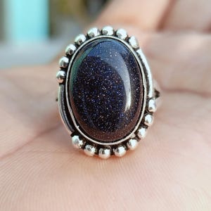 Handmade-Silver Galaxy-Ring – Blue Goldstone-Oval Statement-Ring – Artisan Sterling-Silver Ring – Boho Celestial-Jewelry Gift-for Her